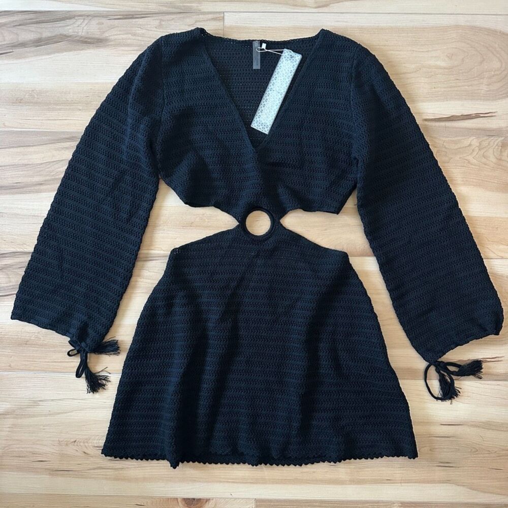 Devon‎ Windsor Crochet Knit Fallon Cut Out Long Sleeve Mini Dress Black Sz Large